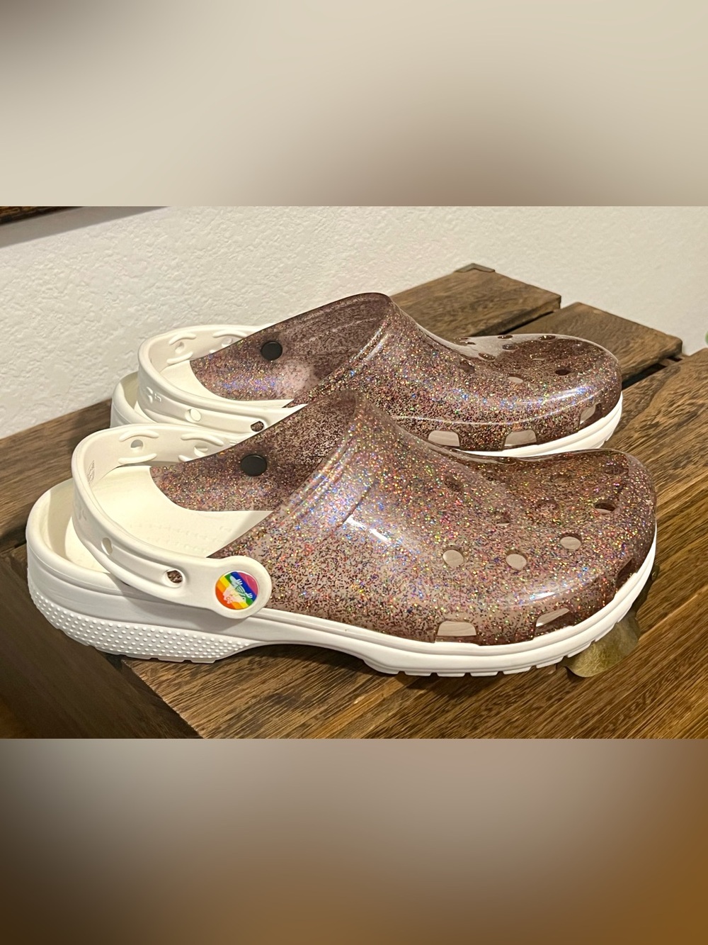 Pride Crocs M7 W9 Translucent Glitter White Soles LGBTQ Worn Once Sparkly Shoes